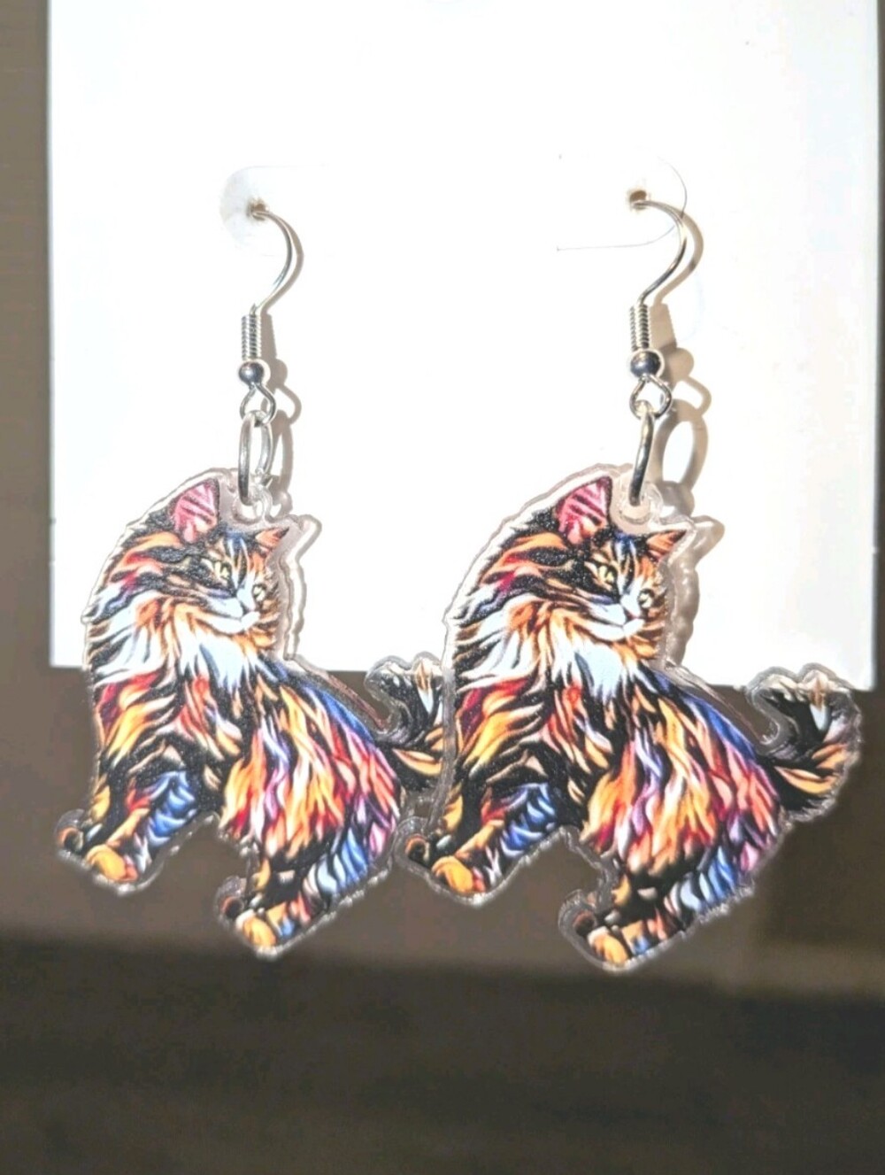 Hand Crafted Cat Dangle Earrings - Multicolor Artistic Cat Design